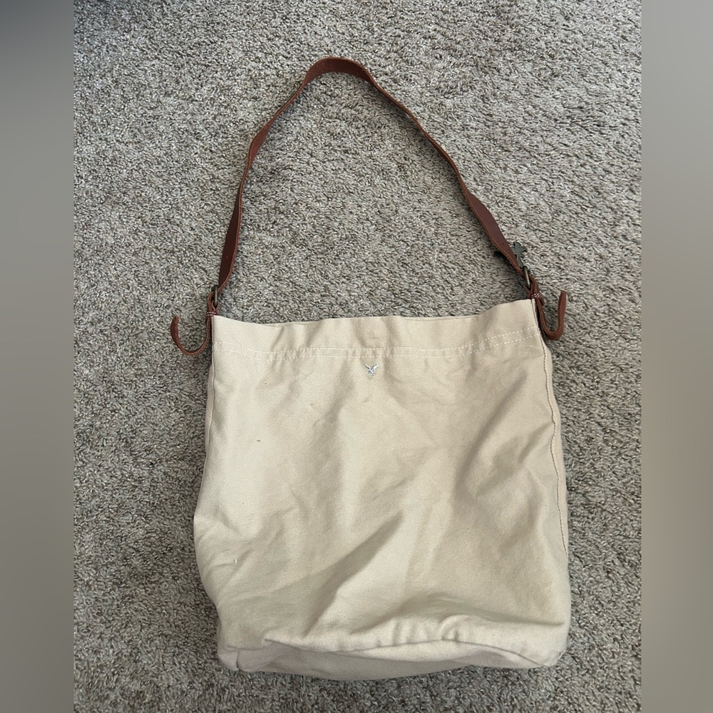 Y2K American Eagle Outfitters Canvas Shoulder Bag Brown Leather Strap Beige Long